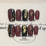 10Pcs Autumn Handmade Press on Nails Gradual Change Acrylic Rhinestone Full Cover Gold Leaf False Nails French Wearable Ballet