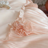 Pink Egyptian Cotton Princess Wedding Bedding Set Luxury Lace Ruffle Flowers Duvet Cover Sets Bed Sheet Pillowcases Home Textile