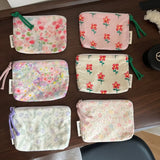 Pink Floral Print Mini Cotton Pouch for Women, Small Coin Purse & Card Holder for Lipstick & Earphone, Summer New Portable