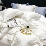 4Pcs Luxury Hollow Lace Wide Edge Solid Color Bedding Set 1000TC Egyptian Cotton Duvet Cover Bed Sheet/Fitted Sheet Pillowcases
