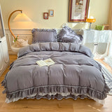 4Pcs White Korean Princess Style 100% Cotton Bedding Set Double Layer Lace Ruffles Duver Cover Bed Skirt Bedspread Pillowcases