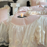 4Pcs Pink Romantic Lace Ruffles Princess Wedding Bedding Set 100% Cotton Duvet Cover Bed Sheet Or Quilted Bedspread Pillowcases