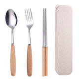 Wooden handle stainless steel tableware three-piece set Chopsticks fork spoon Students outdoor travel gift tableware set
