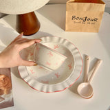 6Pcs Bow Ceramic Set, Cute Food Bowl and Plate Combination Rice Bowl, Household Plate and Spoon, Suitable for Daily Use, Office Meal, Breakfast Rice Bowl and Spoon, Student Dormitory Meal, Travel and Business Trip, Outdoor Pi