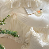 4Pcs Lace Ruffles Bow Wedding Bedding Set Pure Cotton Duvet Cover Set Double Layer Lace Quilted Bedspread Bed Sheet Pillowcases