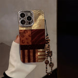 Ins Splicing Phone Case For iPhone 16e 15 14 13 12 11 Pro Max XR X XS 7 8 Plus Bracelet Chain Glitter Lens Film Shockproof Cover