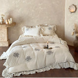 Embroidery Ruffles Princess Bedding Set Double Layer Crepe Yarn Pure Cotton Soft Duvet Cover Flat/Fitted Bed Sheet Pillowcases