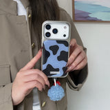 Ins Simple Plating Blue Cow Pattern Phone Case with Hairball Pendant for iPhone 17 16 15 14 Pro Max Shockproof Protective Cover