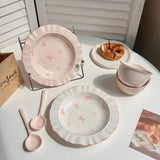 6Pcs Bow Ceramic Set, Cute Food Bowl and Plate Combination Rice Bowl, Household Plate and Spoon, Suitable for Daily Use, Office Meal, Breakfast Rice Bowl and Spoon, Student Dormitory Meal, Travel and Business Trip, Outdoor Pi