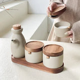 Ceramic Seasoning Jar Retro Japanese Style Home Kitchen Salt Chili Sugar Jar Oil Pot Wooden Lid Spice Kitchen Utensils Modern