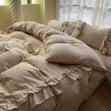 INS Princess Grey Bedding Sets 2025 Solid Color Ruffle Quilt Cover Romantic Bed Sheet Sets Girls Bedroom Duvet Cover 4pcs