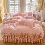 4/6Pcs Milk Velvet Flower Lace Ruffles Luxury Bedding Set King Queen Size Duvet Cover Quilted Bed Skirt Bedspread Pillowcases