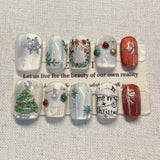 10pcs Handmade False Nail Tip Christmas Cute Red Cat's Eye Short Square Round Press on Nails Art Snowflake Tree Design Fake Nail