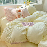 Cute Big Eyed Four Piece Set Plaid Duvet Cover Set With Sheet Bedroom Decor Skin Friendly Single Double Bedding Set Home Textile