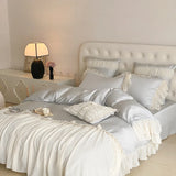 Pink Romantic Lace Princess Wedding Bedding Set Lyocell Bamboo Fiber Soft Silky Duvet Cover Flat/Fitted Bed Sheet Pillowcases