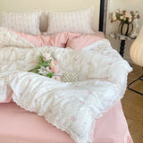 Princess Floral Bedding Set Lace Romantic Rose Flat Fitted Sheet With Orange Pillowcases Soft Polyester Full Size For Women Girl