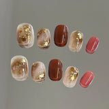 10Pcs Retro Handmade Press on Nails Glitter Cat Eye Flower Short False Nails French Artificial Ballet Wearable Manicure Tips Art