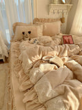 Princ Sle Coral Fce Bedding Set with Lace Milk Velvet Floing Skin-friendly Four-piece Bedding Set French Sle Acti...