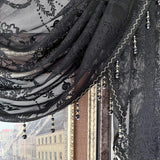 Black Lace Sheer Flower Valance Curtain Luxury Beaded Wavy Waterfall Scallop Curtain for Living Room Rod Pocket Top Window Drape