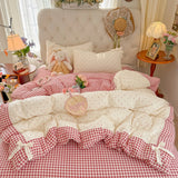 3/4Pcs Bedding Set Plaid Polka Dot Cotton Bedding Princess-Style For Home Double Bed Duvet Cover Bed Sheets With Pillowcase