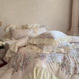 1000TC Egyptian Cotton French Ruffles Rose Print Bedding Set Duvet Cover, Bed Sheet, Pillowcases, With Elastic Band Bed Sheet