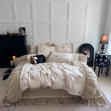 Flowers Prints Pleated Ruffles Princess Bedding Set 100% Cotton Double Layer Yarn Duvet Cover Quilted Bedspread Pillowcases 4Pcs