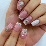 24pcs Sweet Cool False Nails Gradient French Fake Nail Tips with Purple Flowers Design Short Square Press on Nails Colorful Nail