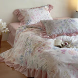 4Pcs Lyocell Soft Silky Cooling Summer Bedding Set Rose Floral Prints Ruffles Duvet Cover Set Bed Sheet/Fitted Sheet Pillowcases