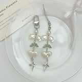 INS Korea Pearl Bow Knot Heart Charm Phone Pendant Crystal Wristband Keychain Bracelet Lanyard Cord