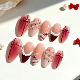 24pcs Rhinestone Fake Nail Christmas Blush Almond Nails Sets Press on French Red Nails Tips Star Design Pink False Nail Finished