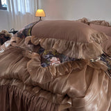 Vintage Flower Prints Organza Lace Ruffles Egyptian Cotton Bedding Set Duvet Cover Bed Sheet/Bed Skirt/Fitted Sheet Pillowcases