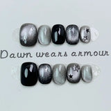 10Pcs Black Handmade Press On Nails Full Cover Cat Eye Star Design Short Round Ballerina False Nails Wearable Manicure Nail Tips