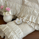 100% Cotton Vintage French Pleated Lace Ruffles Floral Princess Bedding Set Duvet Cover Flat/Fitted Bed Sheet Pillowcases 4Pcs