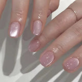 24Pcs Nude Pink Nail Tips Short Round Head False Nails with Design Wearable Finished Fake Nails Full Cover Press on Nails