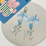 Blue Bow Knot Butterfly Beaded Charm Phone Pendant Crystal Wristband Keychain Bracelet Lanyard Cord