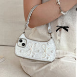 3D Bow Pearl Handbag Hand Strap Phone Case For iPhone 16 15 14 13 12 11 Pro X XR XS Max Soft Shockproof Cover