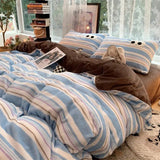 Small Fresh Ins Big Blue Stripes Winter Warm Four-piece Bedding Set Quilt Cover Milk Velvet Bed Sheet Farai Velvet Three-piece