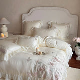 Flowers Embroidery Lace Ruffles Wedding Bedding Set Lyocell Silky Cooling Duvet Cover Set Flat/Fitted Bed Sheet Pillowcases 4Pcs