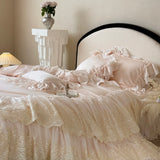 Lace Embroidery Bedding Set Luxury Pink Egyptian Cotton Princess Duvet Cover Bed Sheet Pillowcases Solid Color Bedclothes