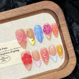 10pcs 3D Handmade False Almond Nails Press On Nails Crystal Flower Carved Decoration Gradient French Long Nude Pink Fake Nails