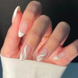 24Pcs Almond Fake Nail with Beveled French Design Glitter Stripes False Nails Round Head Wearable Press on Nails Manicure Tips