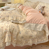 Korean Princess Style Flowers Lace Ruffles 100% Cotton Bedding Set Duvet Cover Bed Sheet/Fitted Sheet/Bed Skirt Pillowcases 4Pcs