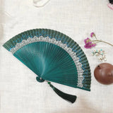Retro Chinese Style Folding Fan Bamboo Wooden Silk Dance Fan with Tassel Female Wedding Party Performence Hand Held Fan Props
