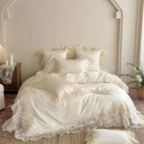 100S Egyptian Cotton Princess Wedding Bedding Set Lace Floral Embroidery Chiffon Ruffle Duvet Cover Bed Sheet Pillowcases 4Pcs