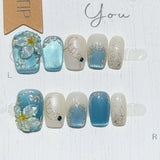 10Pcs Blue Sea Summer  Press on Nails with Hand Drawn Shell Pearl Starfish Designs Nail Art Reusable Handmade French False Nails