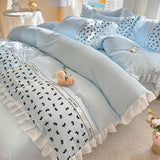 4Pcs Bedding Set Korean Princess-Style White Lace Duvet Cover Pillowcases And Ruffled Bed Skirt Couple Quilt King-Size Sheets