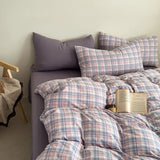 New plaid printing skin-friendly and comfortable double-layer yarn small fresh printing four-piece set, dormitory