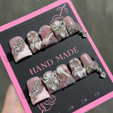 10pcs Ocean Style Fake Nails Duck Bill Press on Nails Set Handmade 3D Flowers Pearl Nail Art Gradient Blush French False Nails