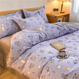 Ikeehome  Thiened Warm Flannel Bedding Set Pure Cotton Bear Pattern Autumn Winter Four-Piece Quilt Cover eet Tee-Piece Set