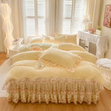 4/6Pcs Milk Velvet Flower Lace Ruffles Luxury Bedding Set King Queen Size Duvet Cover Quilted Bed Skirt Bedspread Pillowcases